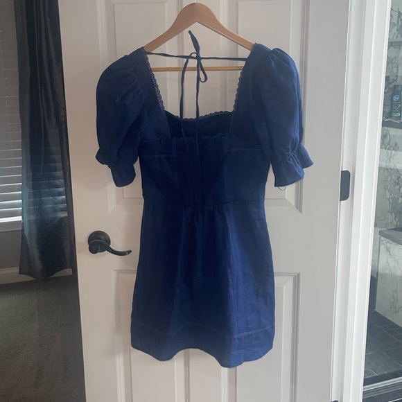 REFORMATION Evianna Puff Sleeve Linen Dress Dark Navy Lace Trim Bow Rosebud Sz 8 - Picture 6 of 9